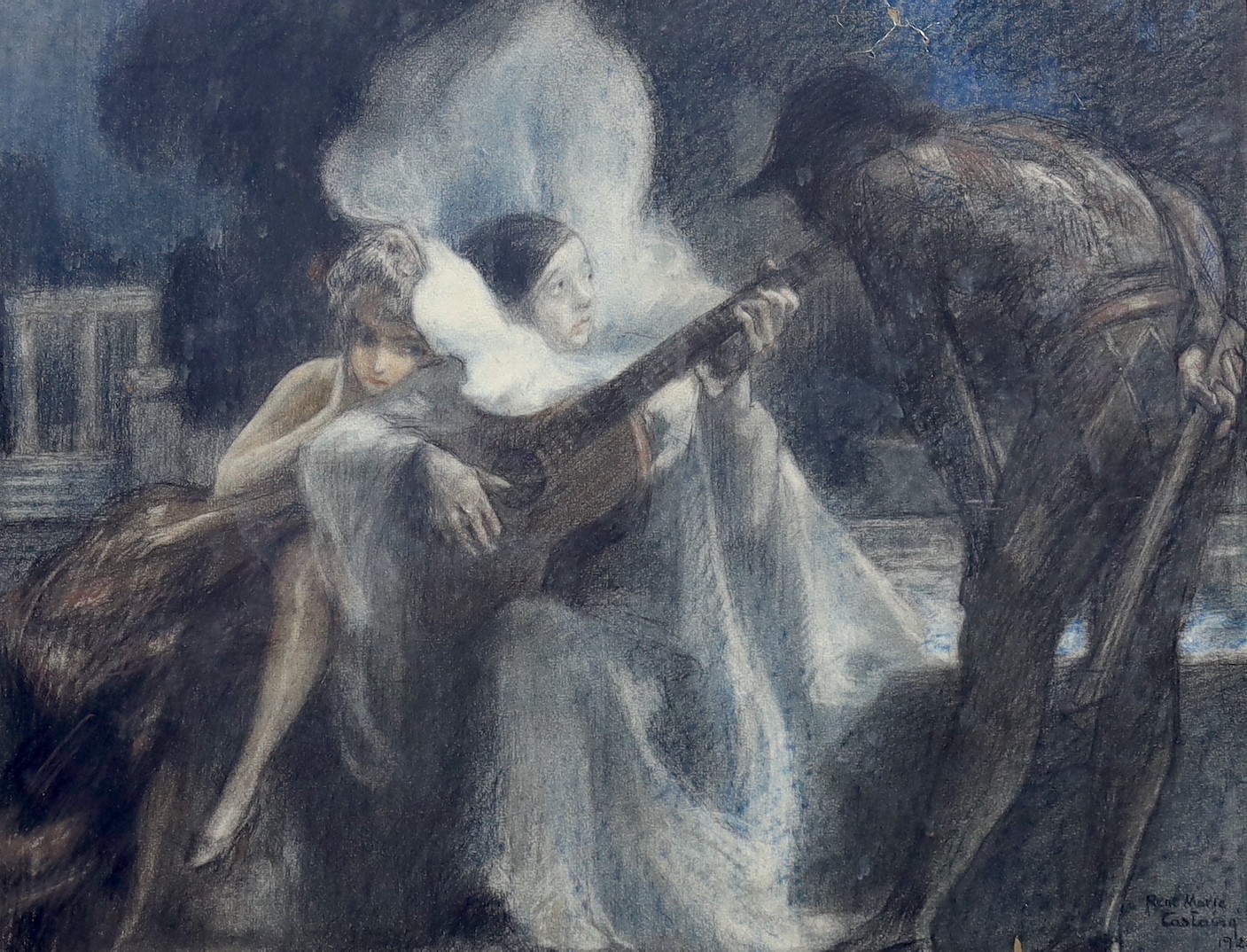 Rene Marie Castaing (1896-1943), pastel study, Children hiding, signed and dated 1922, in maple frame, 38 x 47cm